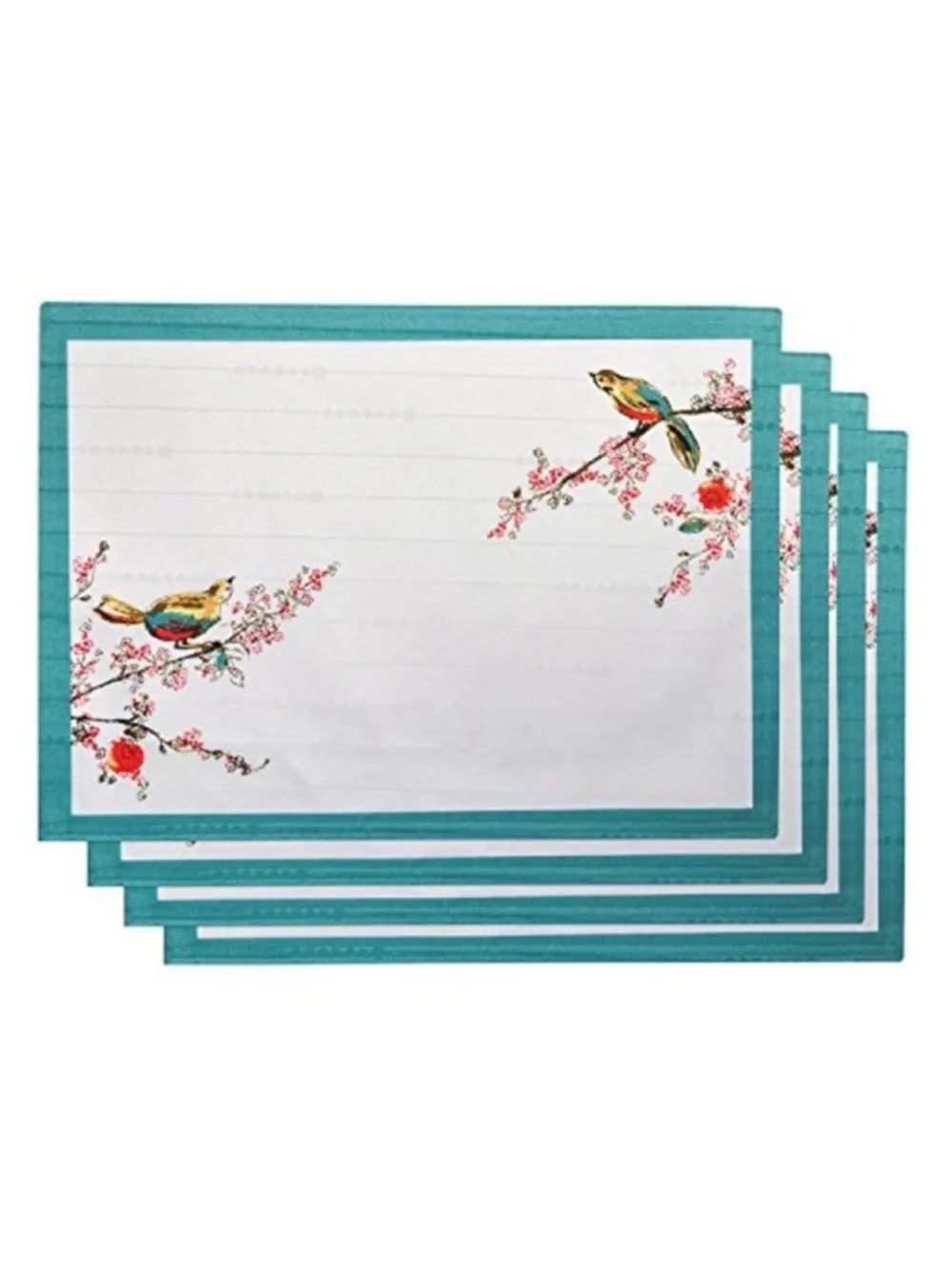 8 Lenox Chirp Placemats Microfiber White Teal Blue Floral Spring Cherry Blossoms